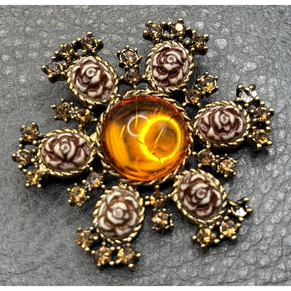 Vintage 1928 Brand Faux Amber Glass Rose Cluster Rhinestone Brooch Gold Tone